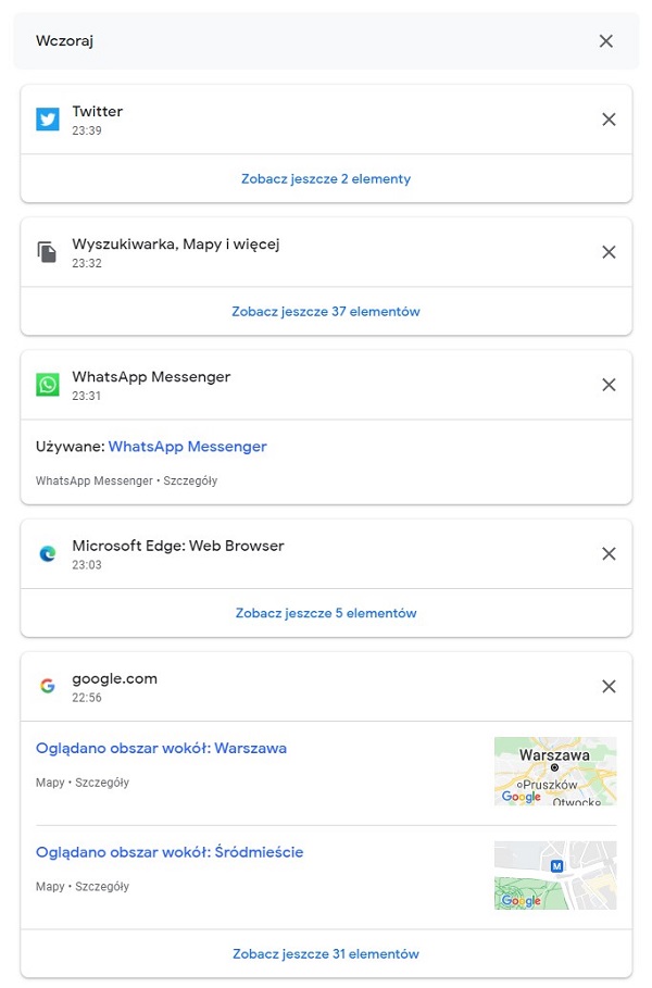 Lista aktywności sporządzana przez Google