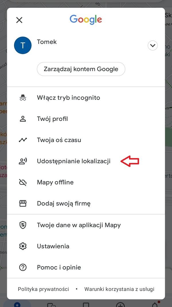 Udostępnienie lokalizacji w Mapach Google